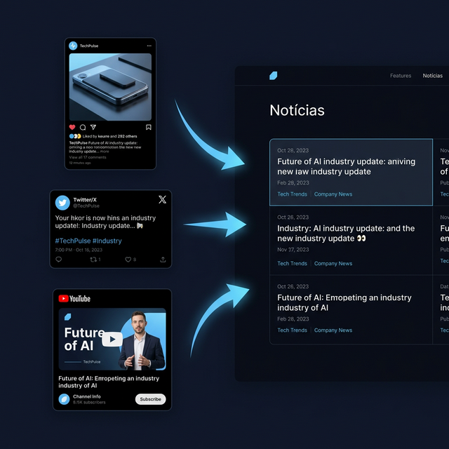 Fluxo multicanal — Instagram, X e YouTube integrados ao site oficial